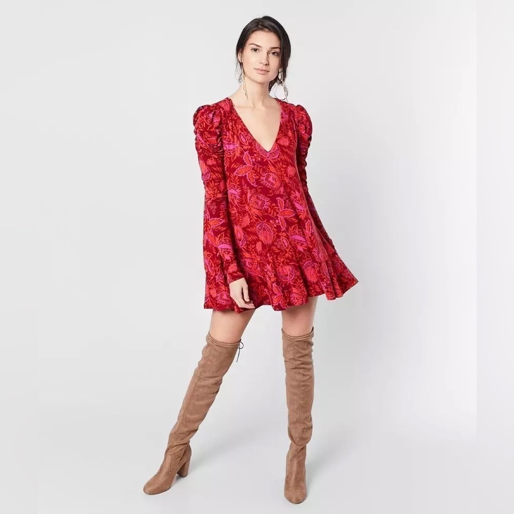 FREE PEOPLE Hello Lover Tunic Top Dress Small Scarlett Floral Boho Red Purple